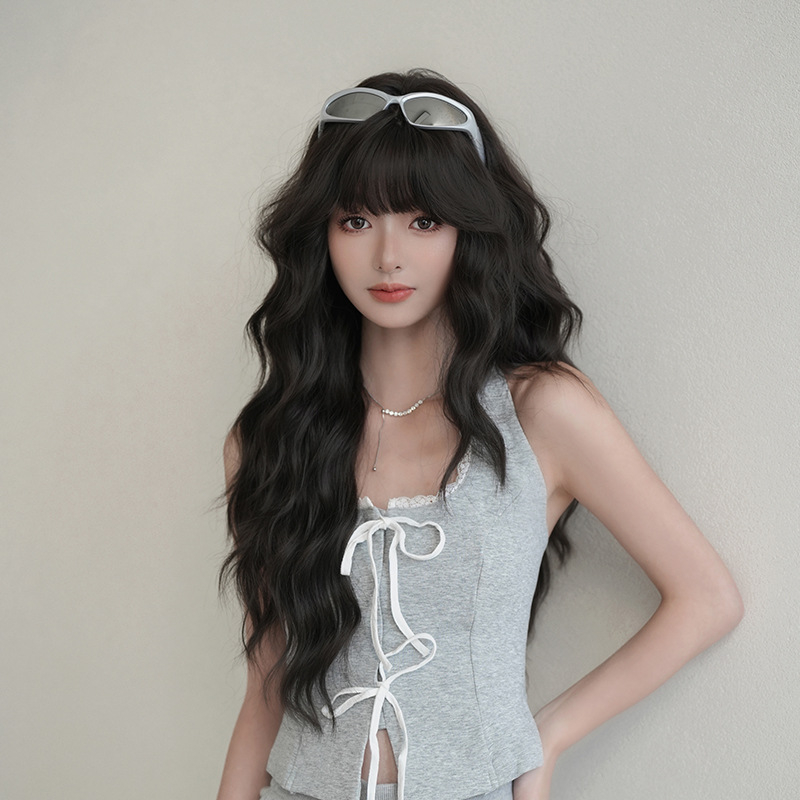 Perucă cu păr lung, bucle, breton, fibră sintetică rezistentă la temperaturi, construcție pe bază de mecanism, perucă pentru întregul cap, stil coreean