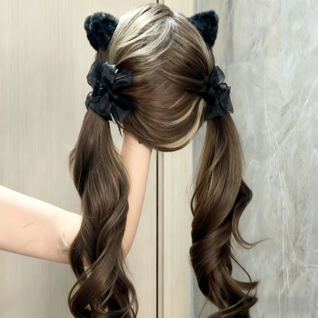 Perucă cu coadă dublă și bucle pentru femei – aspect natural, mătase mată de înaltă temperatură, breton lung drept