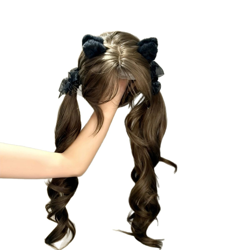 Perucă cu coadă dublă și bucle pentru femei – aspect natural, mătase mată de înaltă temperatură, breton lung drept