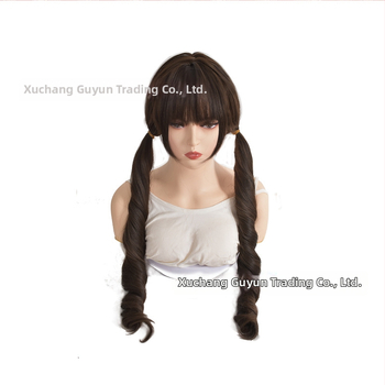 Perucă cu coadă dublă, păr lung buclat, stil coreean; fibre din mătase rezistente la temperaturi înalte; nu poate fi vopsită sau tratată prin permanent.