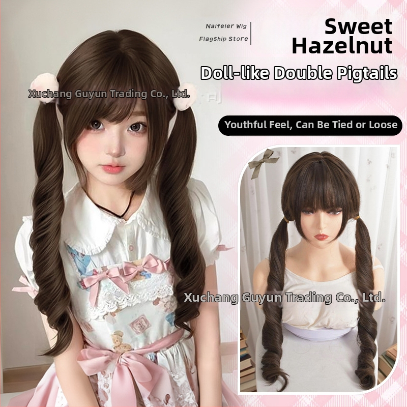 Perucă cu coadă dublă, păr lung buclat, stil coreean; fibre din mătase rezistente la temperaturi înalte; nu poate fi vopsită sau tratată prin permanent.