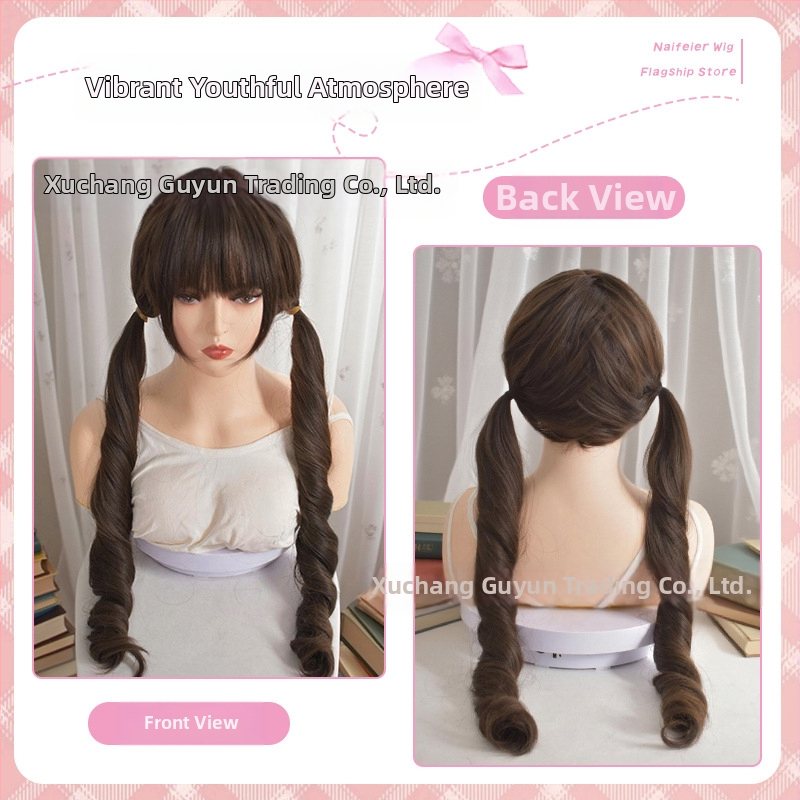 Perucă cu coadă dublă, păr lung buclat, stil coreean; fibre din mătase rezistente la temperaturi înalte; nu poate fi vopsită sau tratată prin permanent.