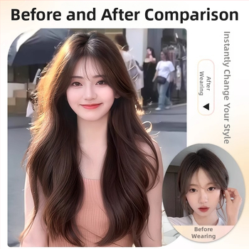 Perucă lungă, bucle mari, în stil coreean, cu breton drept, acoperire completă a capului, construcție cu sârmă proteică