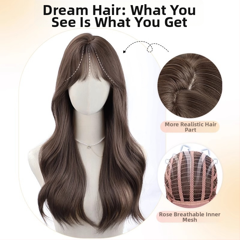 Perucă lungă, bucle mari, în stil coreean, cu breton drept, acoperire completă a capului, construcție cu sârmă proteică