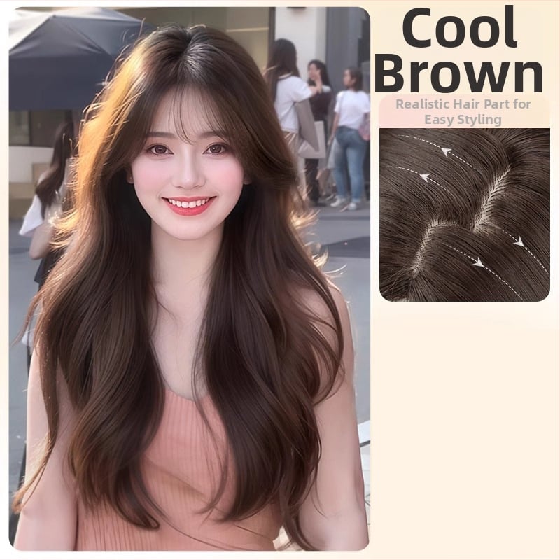 Perucă lungă, bucle mari, în stil coreean, cu breton drept, acoperire completă a capului, construcție cu sârmă proteică