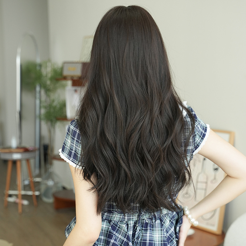 Perucă lungă cu bucle, acoperire completă a scalpului, fibre sintetice rezistente la temperatură, stil coreean, breton oblic