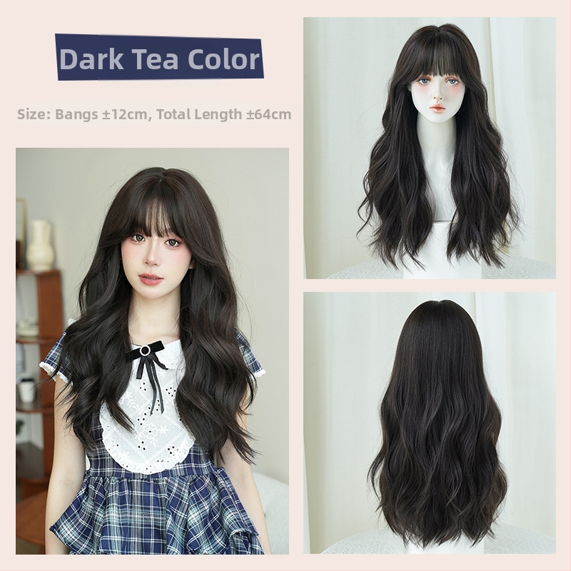 Perucă lungă cu bucle, acoperire completă a scalpului, fibre sintetice rezistente la temperatură, stil coreean, breton oblic