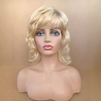Perucă aurie, păr lung buclat cu breton înclinată, model 7127, fibră rezistentă la temperatură, poate fi vopsită