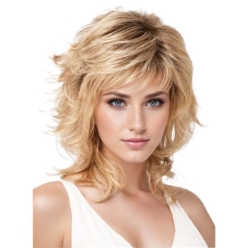 Perucă aurie, păr lung buclat cu breton înclinată, model 7127, fibră rezistentă la temperatură, poate fi vopsită