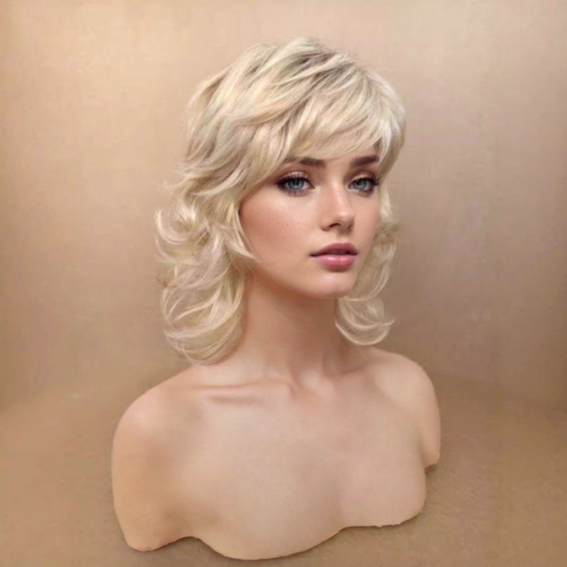 Perucă aurie, păr lung buclat cu breton înclinată, model 7127, fibră rezistentă la temperatură, poate fi vopsită