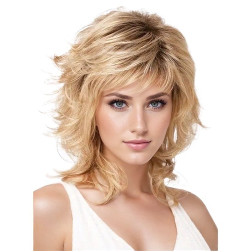 Perucă aurie, păr lung buclat cu breton înclinată, model 7127, fibră rezistentă la temperatură, poate fi vopsită
