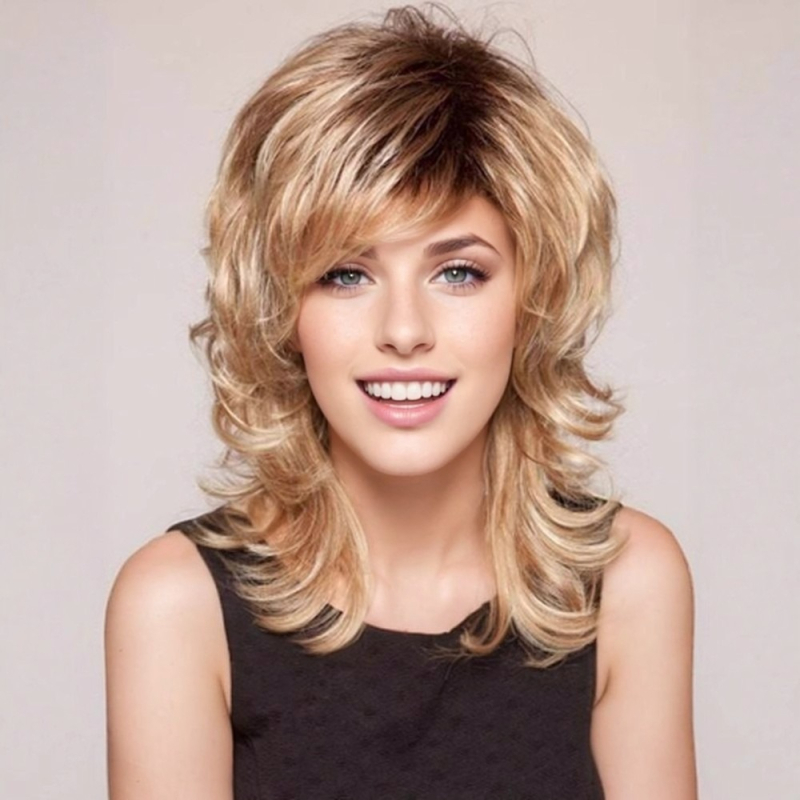 Perucă aurie, păr lung buclat cu breton înclinată, model 7127, fibră rezistentă la temperatură, poate fi vopsită