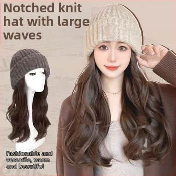 Perucă lungă cu bucle mari, fir rezistent la temperatură, beanie cu logo rotund, stil natural, pentru doamne