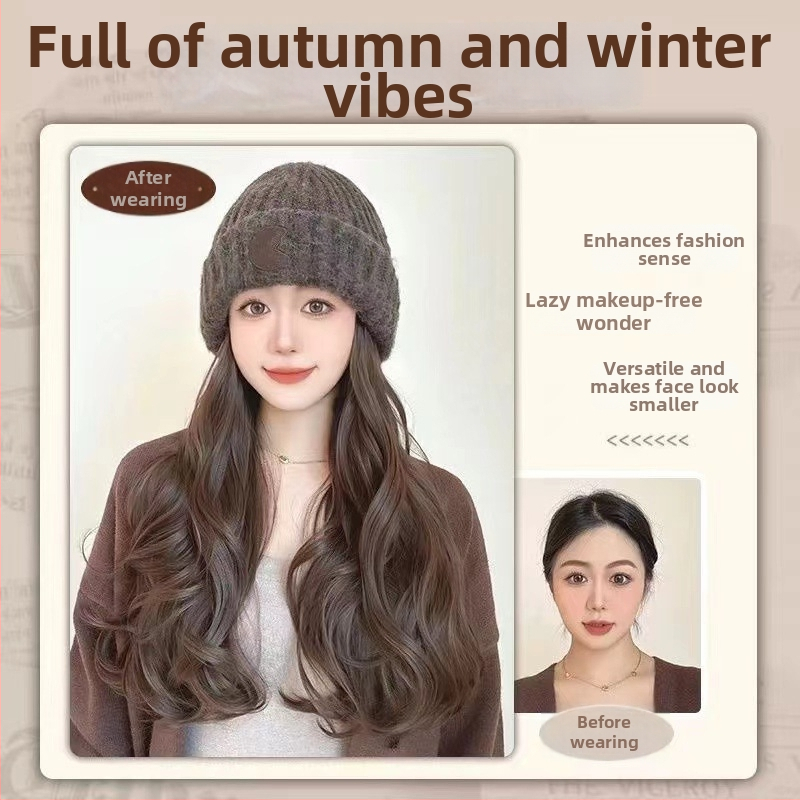 Perucă lungă cu bucle mari, fir rezistent la temperatură, beanie cu logo rotund, stil natural, pentru doamne