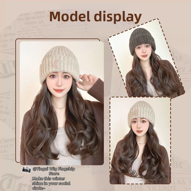 Perucă lungă cu bucle mari, fir rezistent la temperatură, beanie cu logo rotund, stil natural, pentru doamne