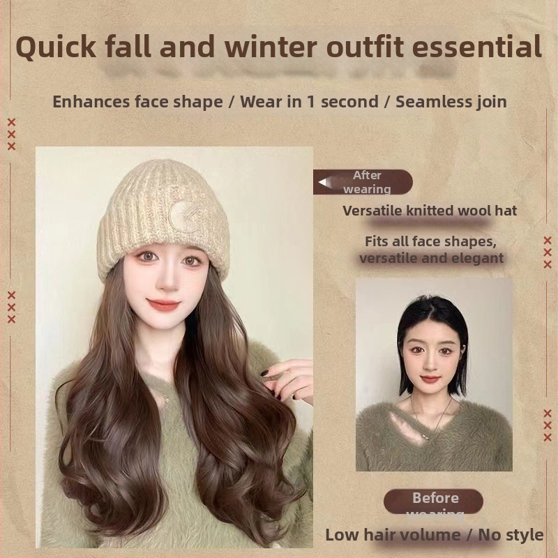 Perucă lungă cu bucle mari, fir rezistent la temperatură, beanie cu logo rotund, stil natural, pentru doamne