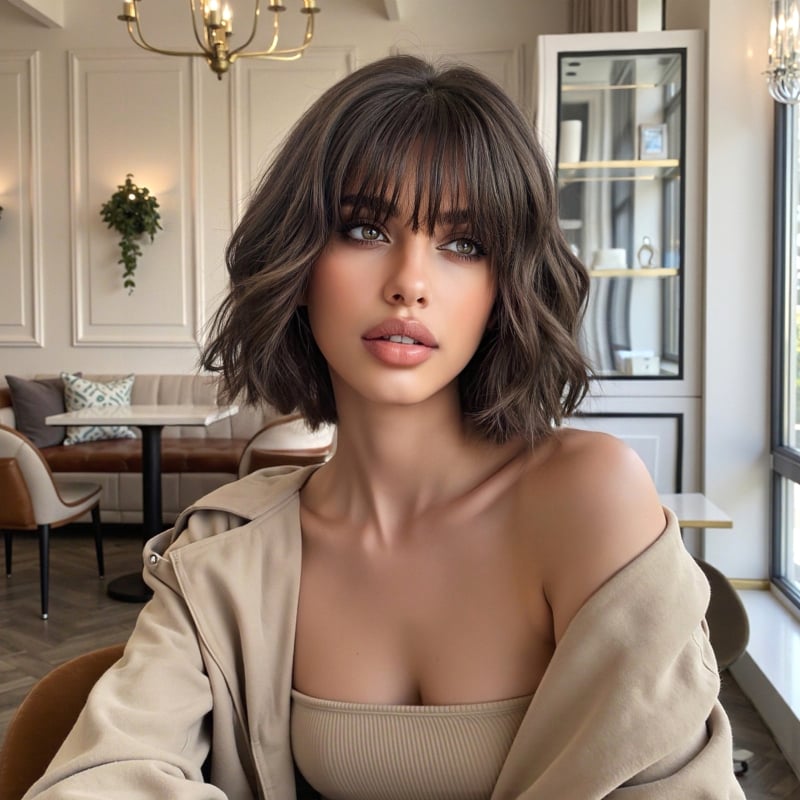 oneNonly SWLC1238-2BR10 perucă din fibre sintetice pentru femei, păr drept lung cu breton lung