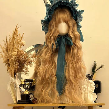 Perucă pentru femei: păr lung buclat cu breton, fir rezistent la temperaturi înalte, mecanism de prelucrare