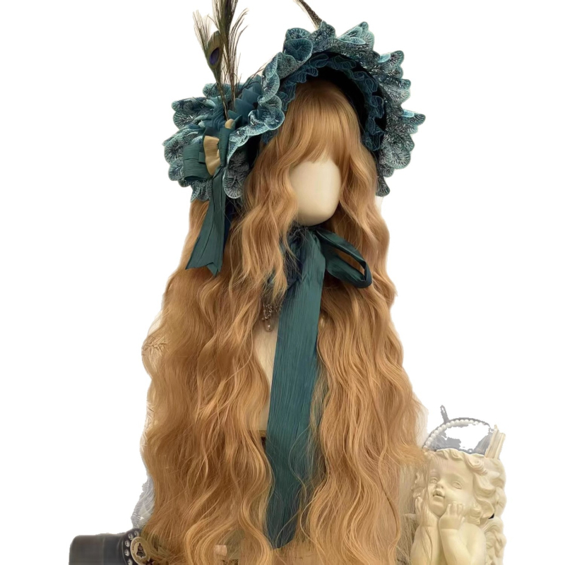 Perucă pentru femei: păr lung buclat cu breton, fir rezistent la temperaturi înalte, mecanism de prelucrare