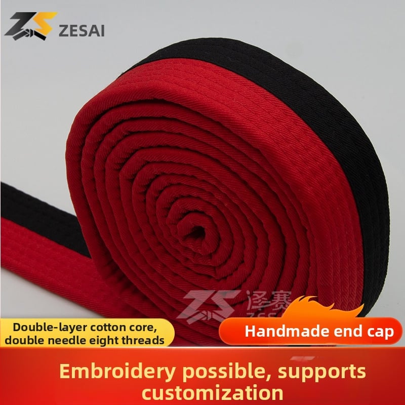 Bandă pentru karate și taekwondo cu broderie, material din amestec de bumbac, căptușeală din bumbac, lungime reglabilă, pentru antrenamente și examene în arte marțiale