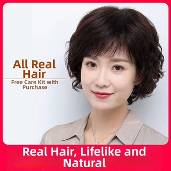 Perucă pentru femei, păr scurt buclat în stil mamă, păr real uman, cap ușor respirabil, acoperă firele albe și adaugă volum