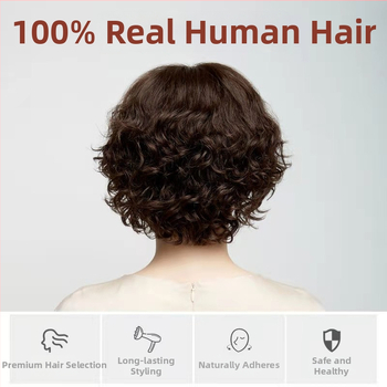 Perucă pentru femei, păr scurt buclat în stil mamă, păr real uman, cap ușor respirabil, acoperă firele albe și adaugă volum