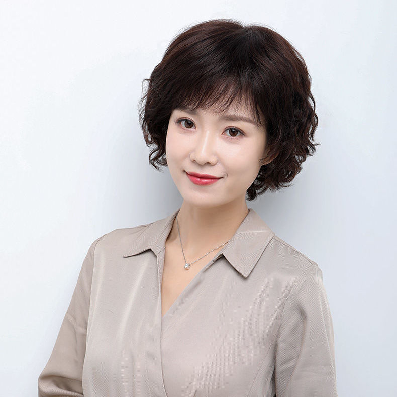 Perucă pentru femei, păr scurt buclat în stil mamă, păr real uman, cap ușor respirabil, acoperă firele albe și adaugă volum