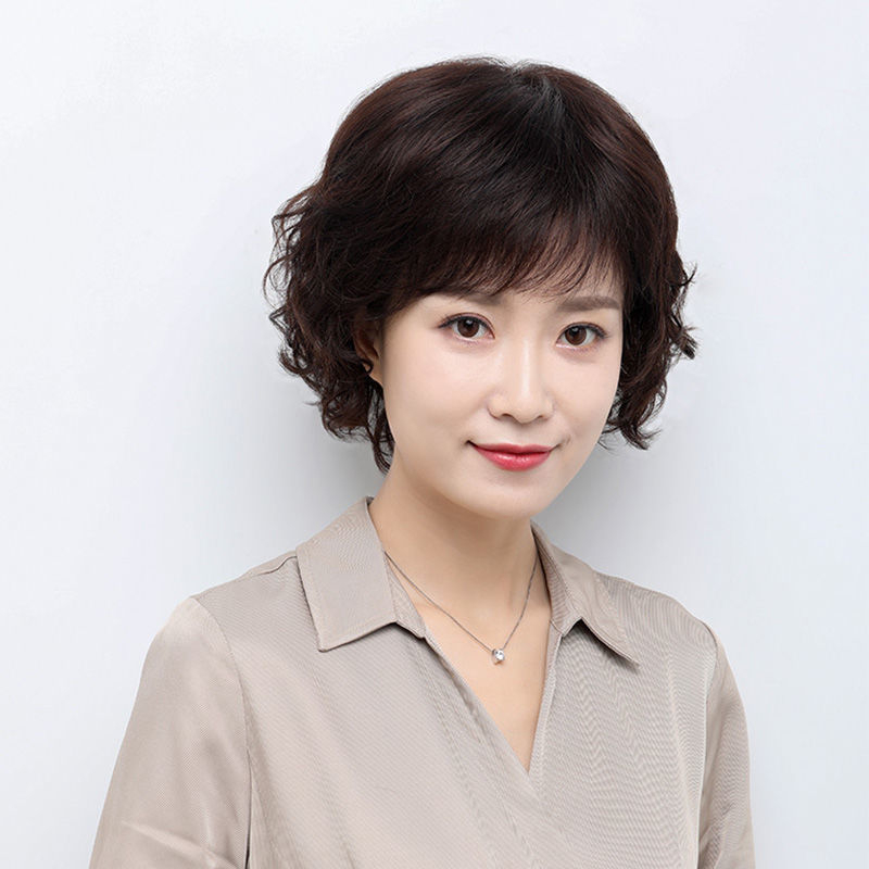 Perucă pentru femei, păr scurt buclat în stil mamă, păr real uman, cap ușor respirabil, acoperă firele albe și adaugă volum