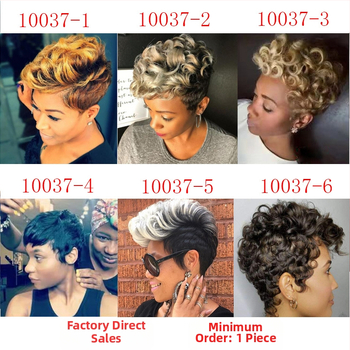 Perucă scurtă bucle, fibră sintetică rezistentă la căldură, Model 10037, poate fi vopsită, breton înclinat