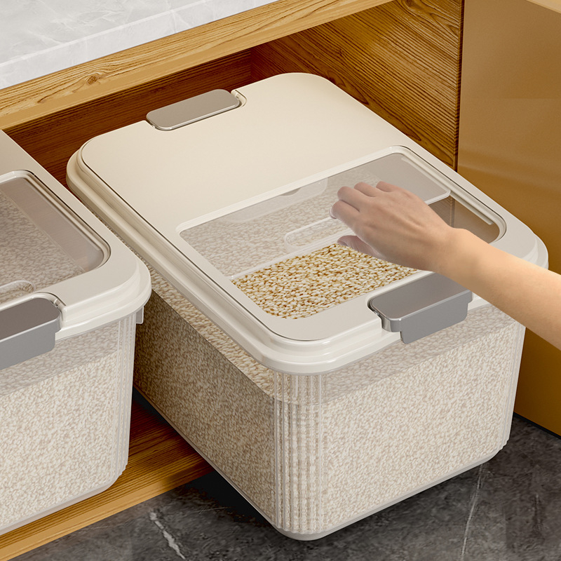 Cutie de depozitare pentru orez, sigilată, protecție împotriva umezelii și a insectelor, plastic PP alimentar, capacitate 9–10 L.