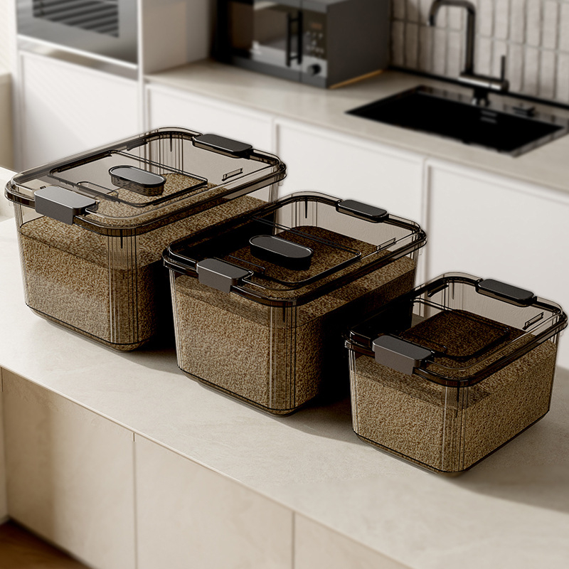 Cutie de depozitare pentru orez, sigilată, protecție împotriva umezelii și a insectelor, plastic PP alimentar, capacitate 9–10 L.