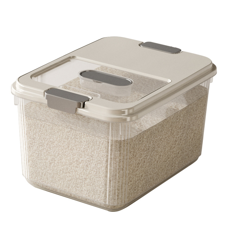 Cutie de depozitare pentru orez, sigilată, protecție împotriva umezelii și a insectelor, plastic PP alimentar, capacitate 9–10 L.