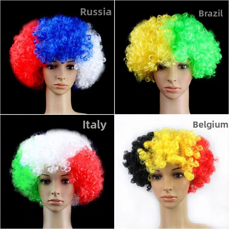 Perucă afro colorată, păr scurt buclat, temă Cupa Mondială Brazilia, modelul 120G