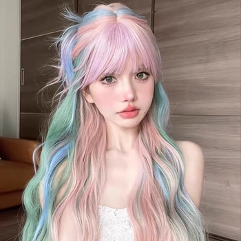 Perucă lungă bucle pentru cosplay, Mg-008, fibră rezistentă la temperatură, mecanism de fabricație, breton drept sau înclinat