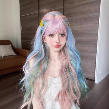 Perucă lungă bucle pentru cosplay, Mg-008, fibră rezistentă la temperatură, mecanism de fabricație, breton drept sau înclinat