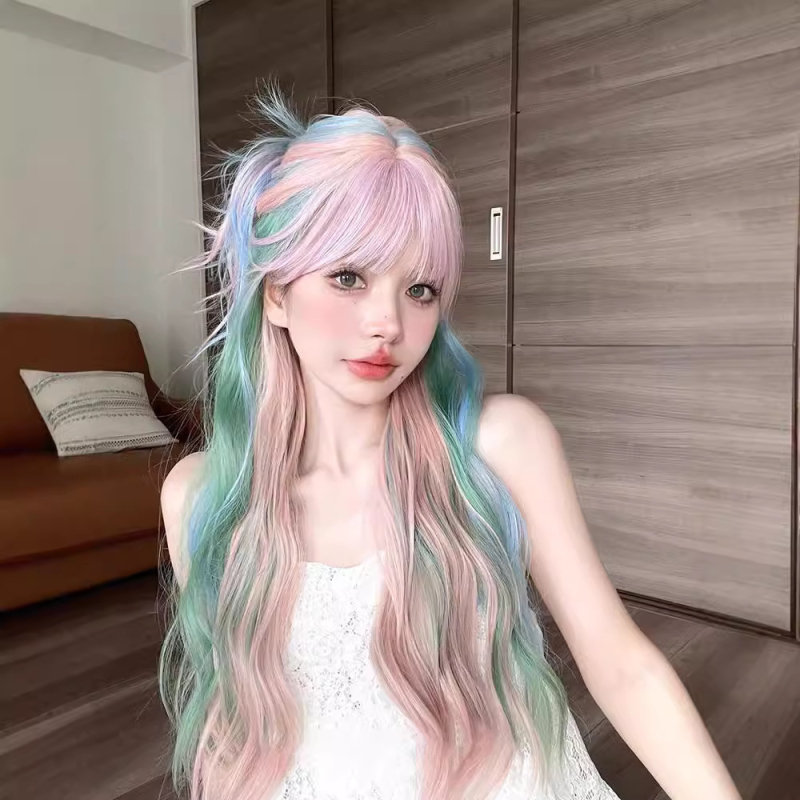 Perucă lungă bucle pentru cosplay, Mg-008, fibră rezistentă la temperatură, mecanism de fabricație, breton drept sau înclinat