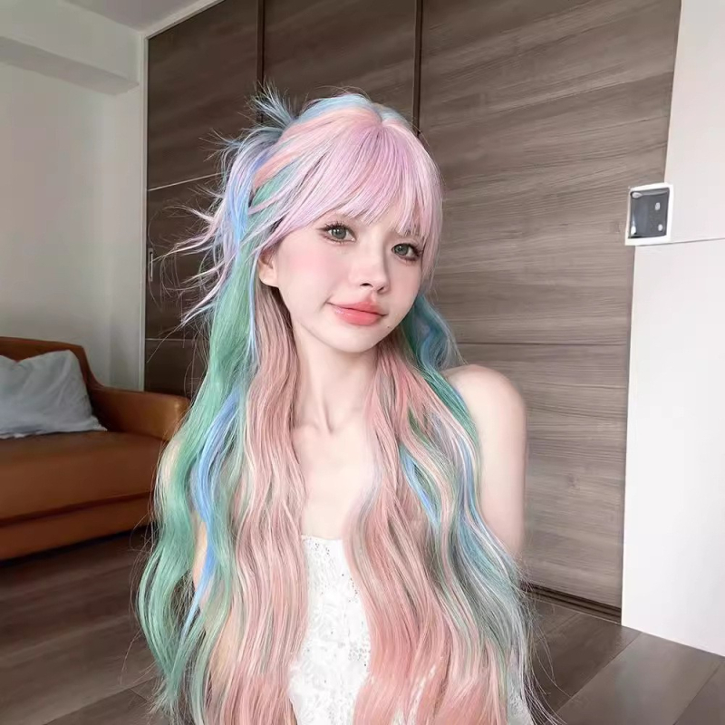 Perucă lungă bucle pentru cosplay, Mg-008, fibră rezistentă la temperatură, mecanism de fabricație, breton drept sau înclinat