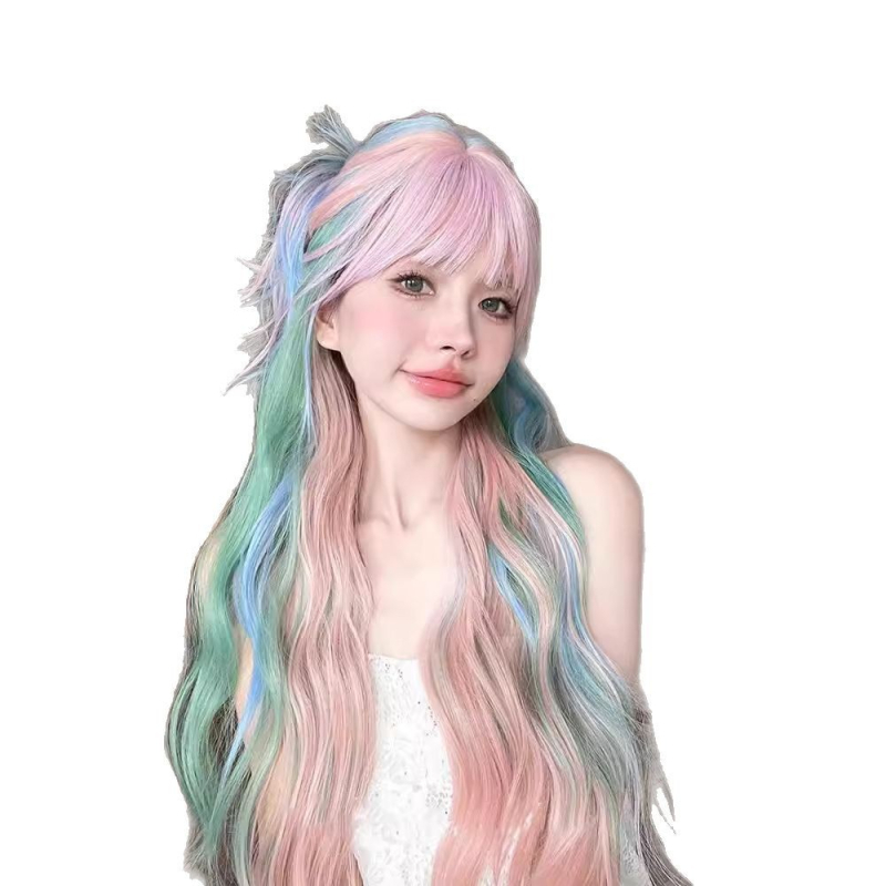 Perucă lungă bucle pentru cosplay, Mg-008, fibră rezistentă la temperatură, mecanism de fabricație, breton drept sau înclinat