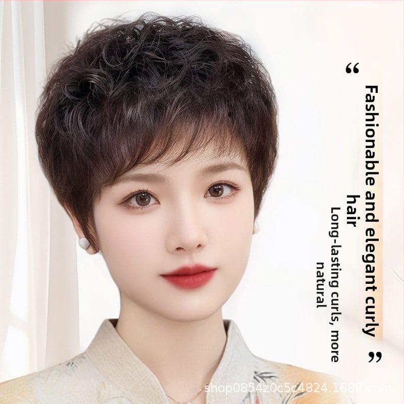 Perucă pentru femei, păr natural uman, scurt bucle, aspect natural, breton drept sau înclinat