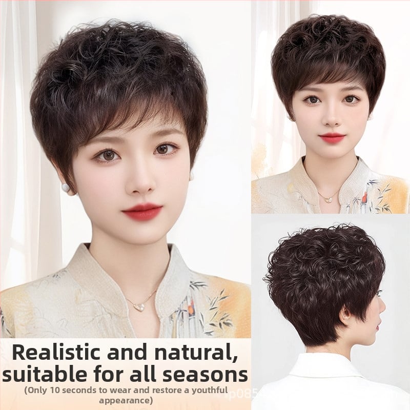 Perucă pentru femei, păr natural uman, scurt bucle, aspect natural, breton drept sau înclinat