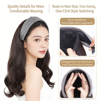 Păr lung, ondulat cu valuri mari, fibre din mătase rezistente la temperaturi înalte, stil natural, bandă de cap cu Velcro detașabilă