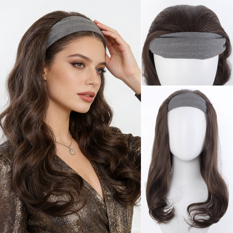 Păr lung, ondulat cu valuri mari, fibre din mătase rezistente la temperaturi înalte, stil natural, bandă de cap cu Velcro detașabilă