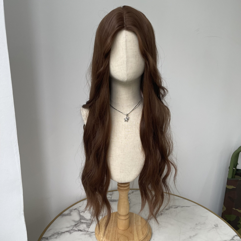 Perucă lungă buclată, bretonă în centru, fir mat Tanglong pentru temperaturi înalte, model Y-1601, stil coreean