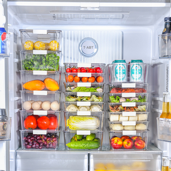 Cutie de depozitare pentru frigider din PET, transparentă, cu design multi-etaj, capac, anti-odor și prospețime păstrată.