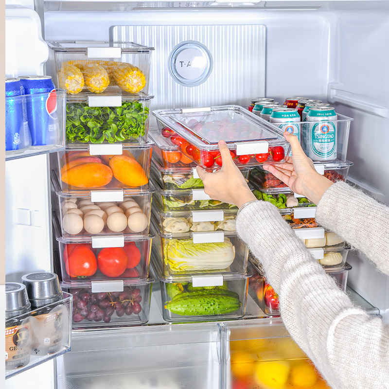 Cutie de depozitare pentru frigider din PET, transparentă, cu design multi-etaj, capac, anti-odor și prospețime păstrată.