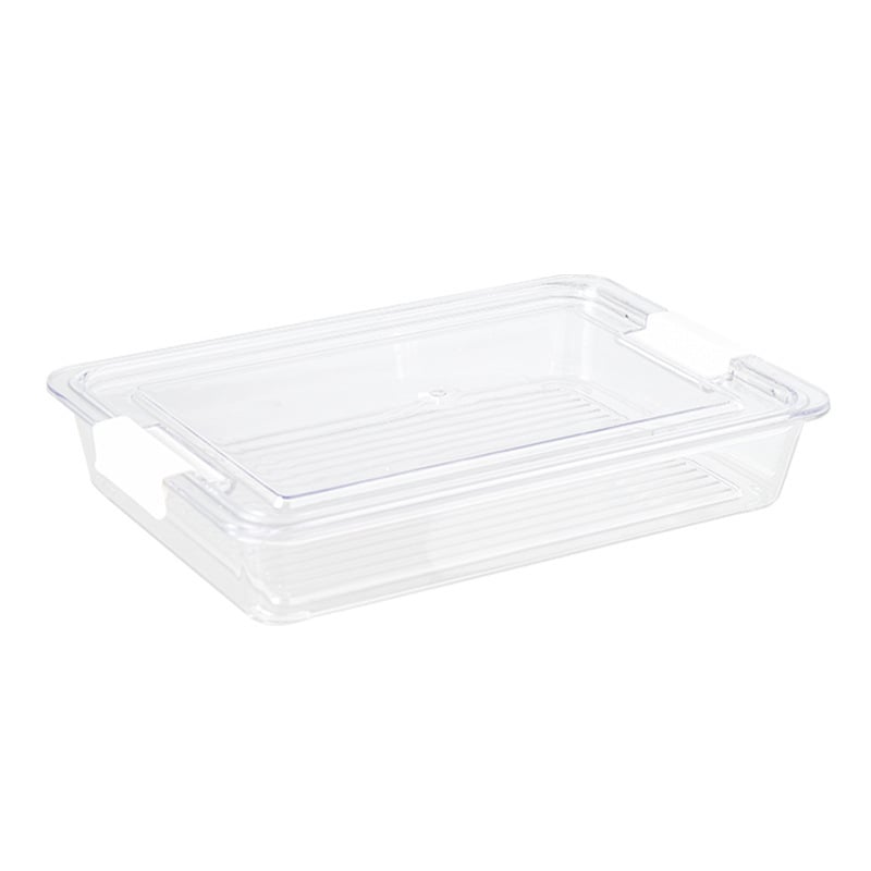 Cutie de depozitare pentru frigider din PET, transparentă, cu design multi-etaj, capac, anti-odor și prospețime păstrată.