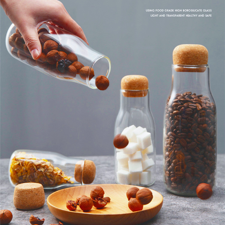 Borcan din sticlă pentru depozitare, capac din dop de plută, rotund, pentru ceai și lapte praf, capacitate 501–800 ml, compatibil cu microunde, sigilat