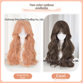 Perucă lungă buclată pentru femei, Breton central, Stil coreean, Valuri mari, Material: fibre rezistente la temperaturi înalte, Model 110