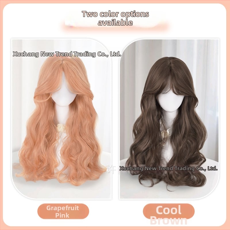 Perucă lungă buclată pentru femei, Breton central, Stil coreean, Valuri mari, Material: fibre rezistente la temperaturi înalte, Model 110