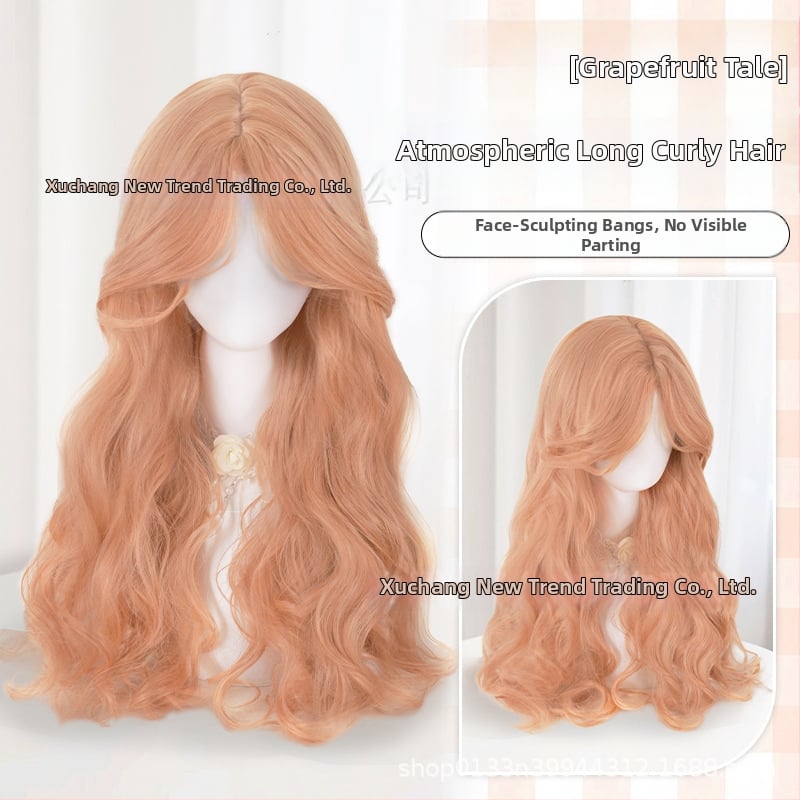 Perucă lungă buclată pentru femei, Breton central, Stil coreean, Valuri mari, Material: fibre rezistente la temperaturi înalte, Model 110